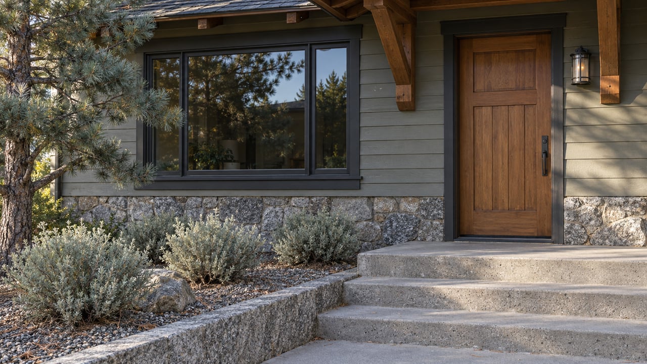 Gray-green wood-sided home with a fir entry door, granite foundation and broad concrete steps beside sculptural pine and sagebrush.