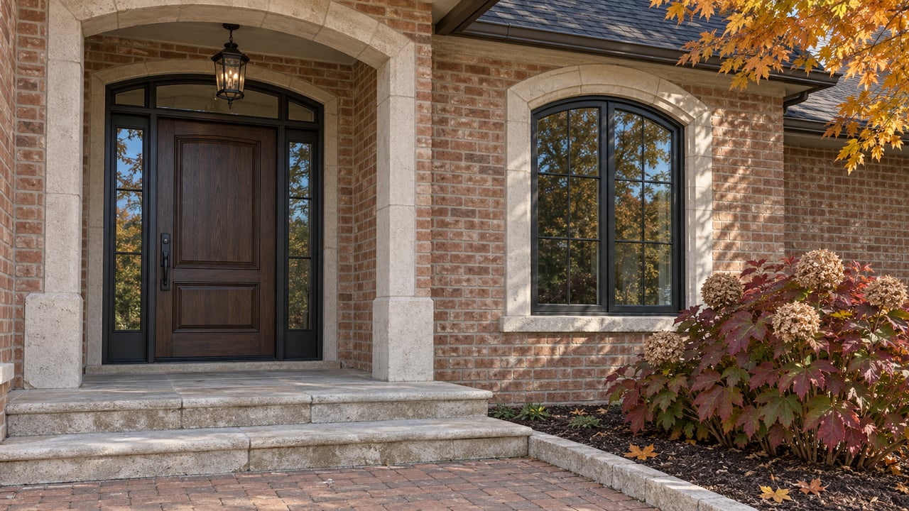 Autumn sunlight on a brick home's recessed oak entrance, limestone steps and arched window beside red oakleaf hydrangea foliage.