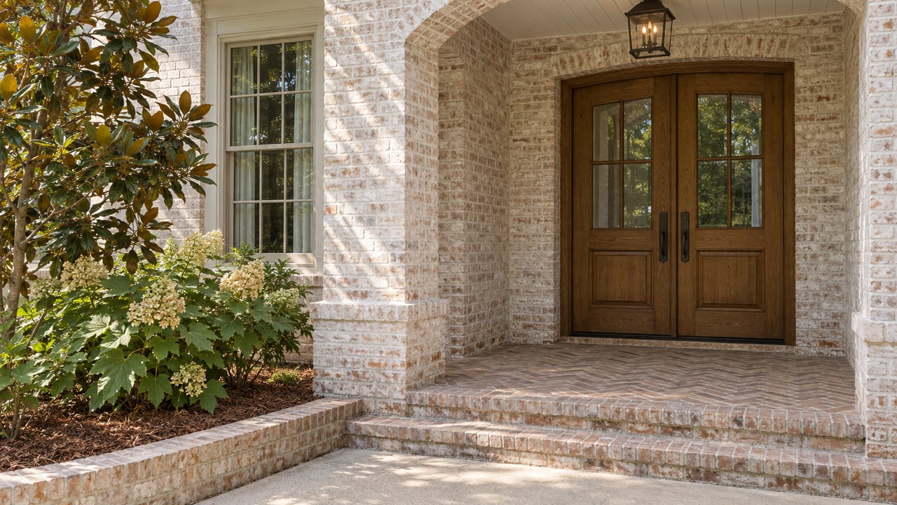 Limewashed brick porch with glazed oak double doors, a tall window, brick steps, and magnolia and oakleaf hydrangea planting.