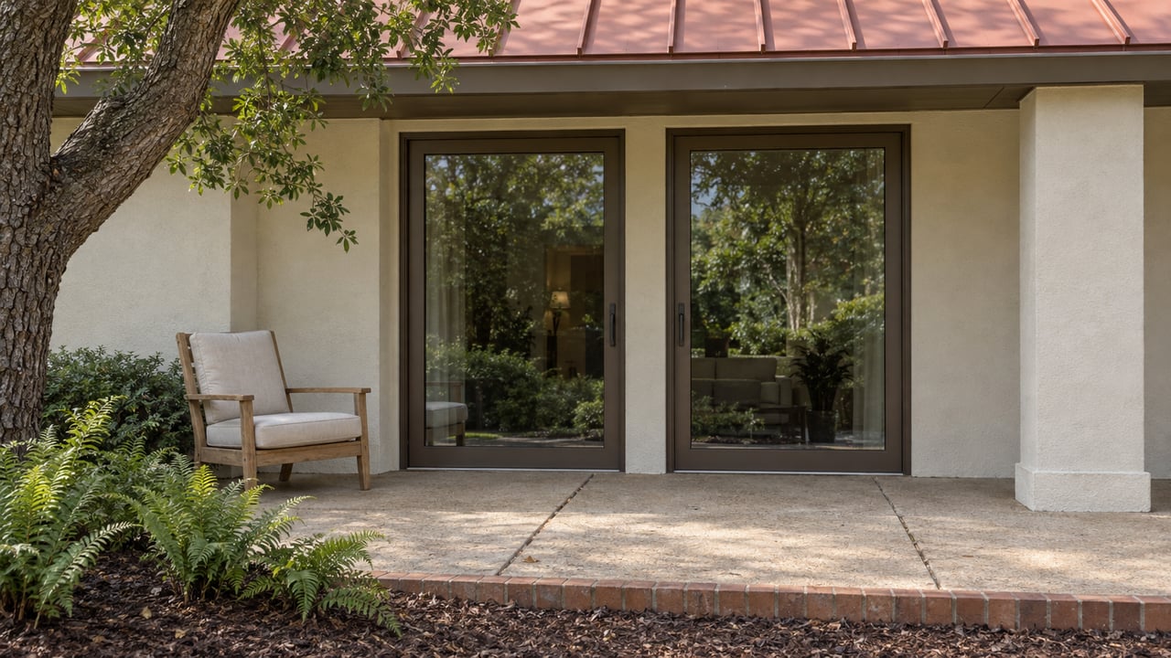 Ivory stucco condominium terrace with terracotta metal roof, closed glass doors, a weathered teak chair, and ferns beneath a spreading oak.
