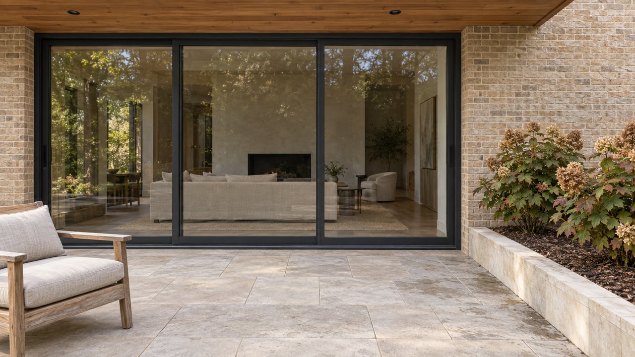 Buff-brick home with a cedar-lined overhang, closed black-framed glass doors and a limestone terrace beside two oakleaf hydrangeas.