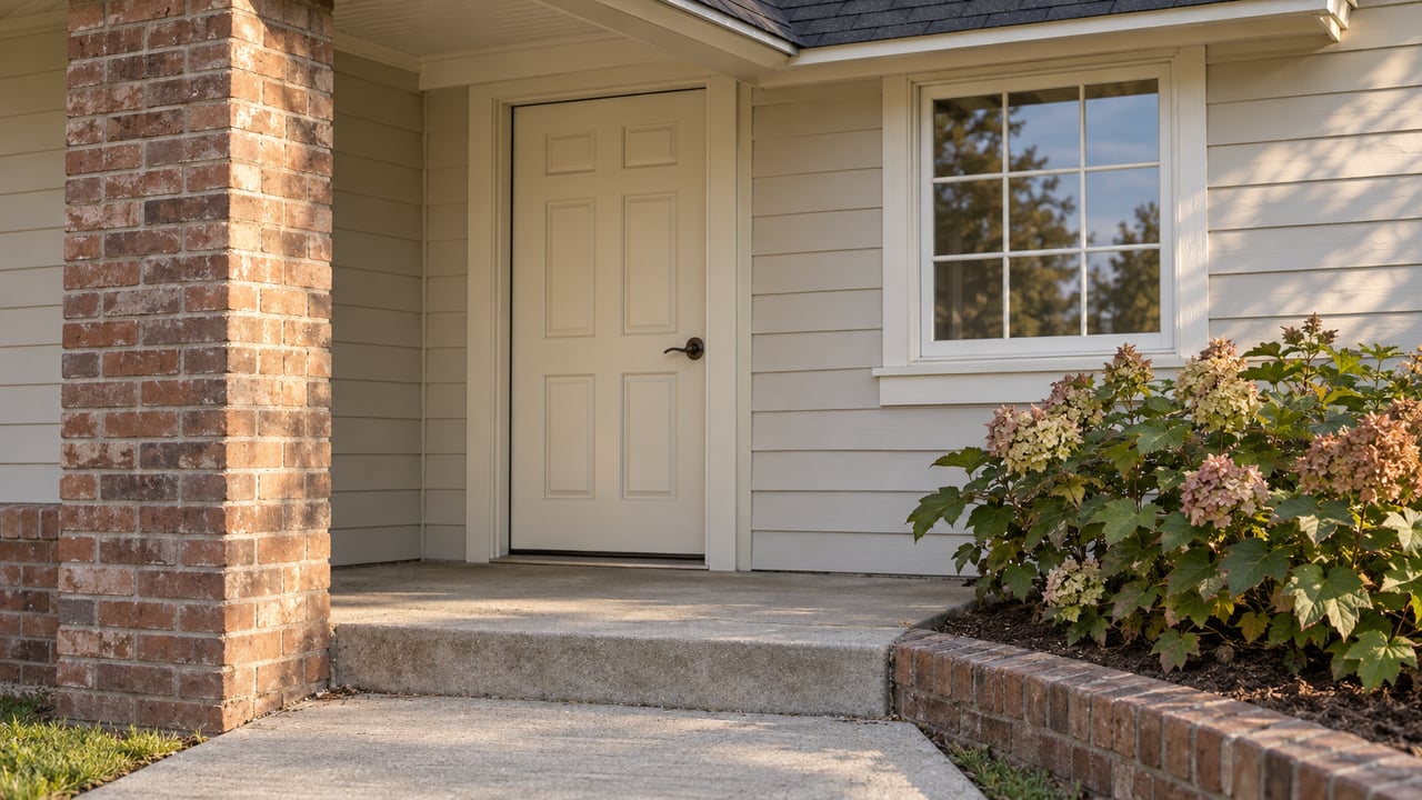 Cream six-panel door beside a weathered brick porch pier and a hydrangea in a narrow planting bed.