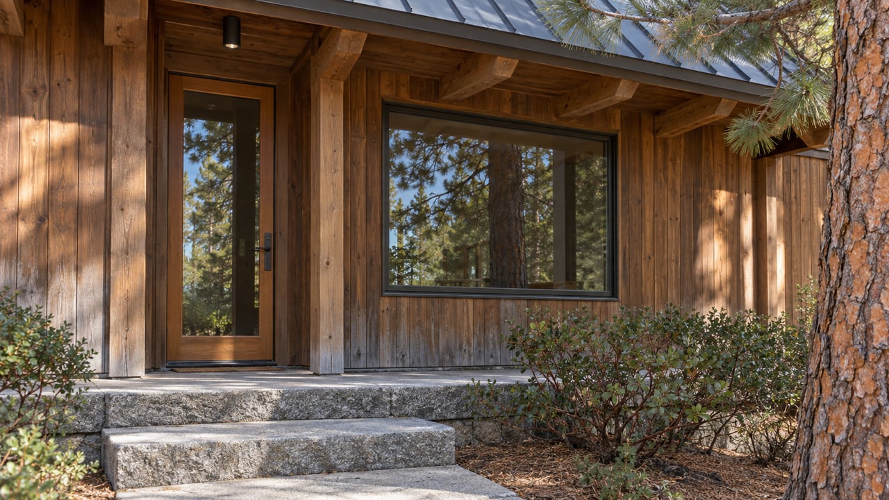 Sunlit cedar cabin entrance with deep timber eaves, bronze-framed glazing, granite steps and a mature pine beside the porch.