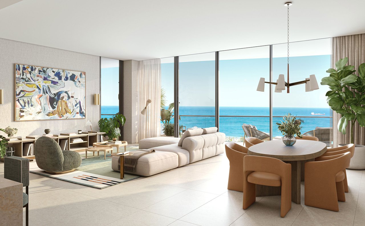 St. Regis Bahia Mar Fort Lauderdale residence living and dining room rendering.