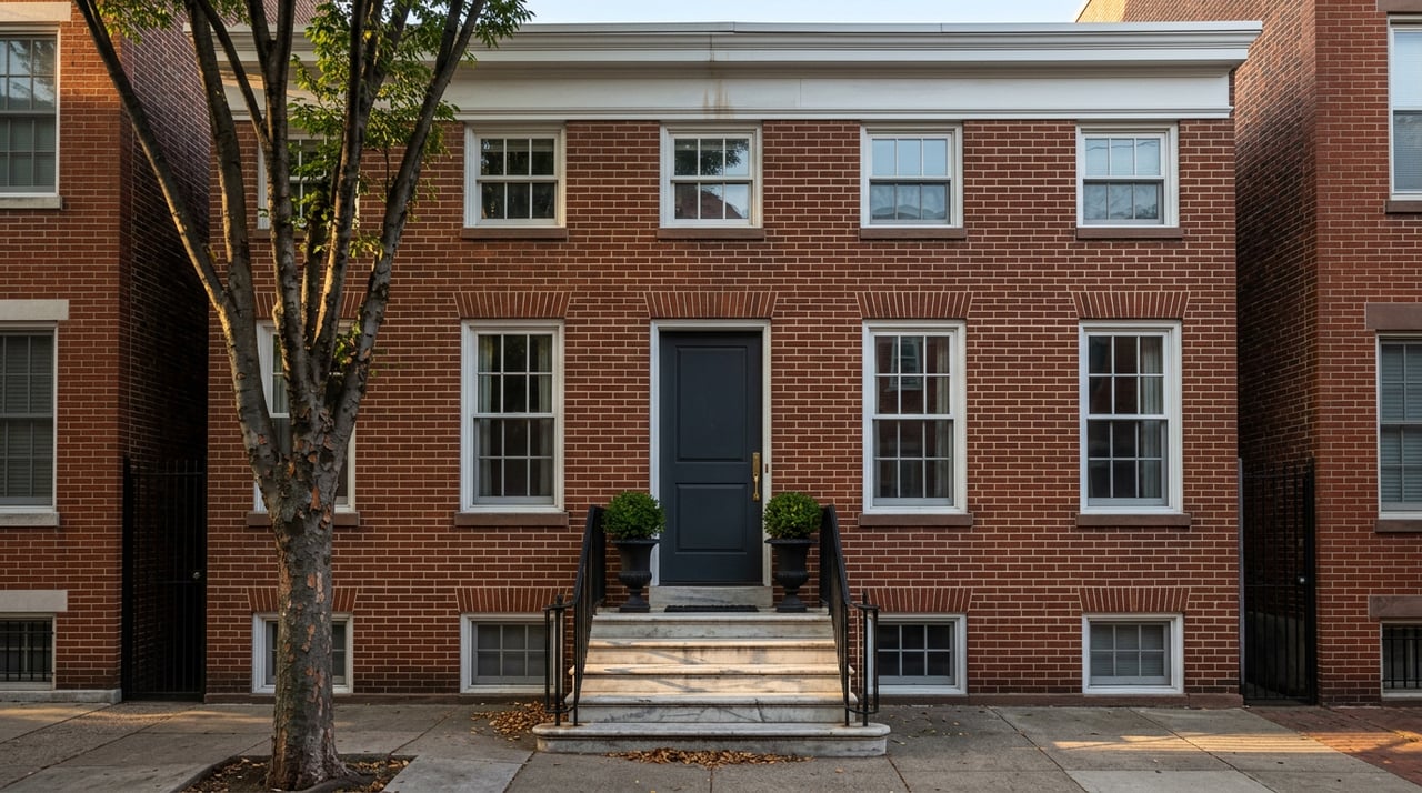 Brick rowhouse with a marble stoop, charcoal door, flanking boxwood urns, and sidewalk tree.
