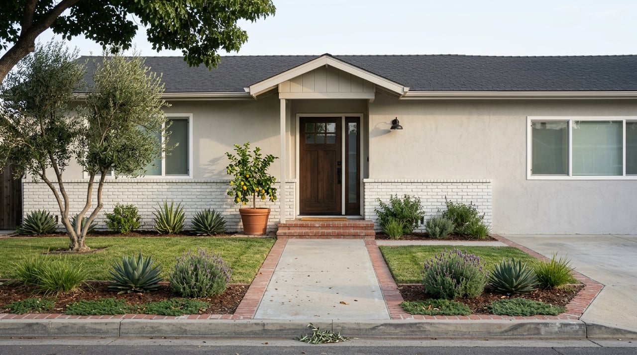 Entry walkway leads to dark wood door with sidelight, drought-tolerant plants and sculptural tree.