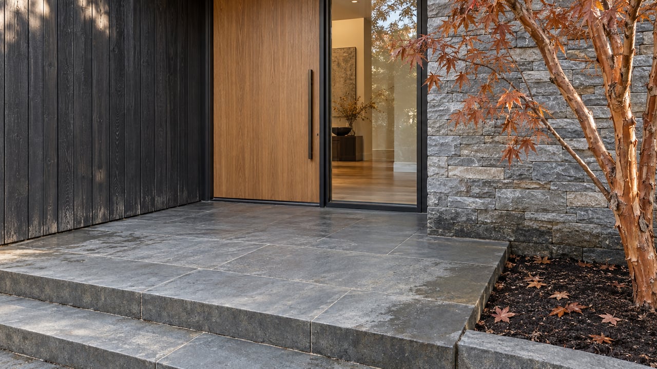 Elevated close view of a cedar-clad home entrance with an oak door, glazed sidelight, stone wall and bluestone steps beside a paperbark maple.