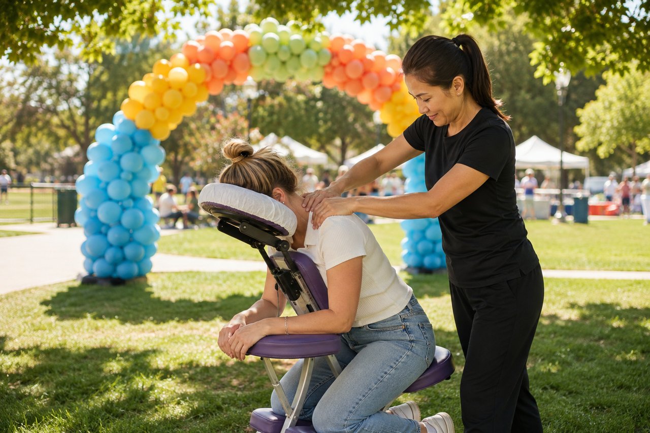 A massage therapist gives a seated woman a shoulder massage beneath a colorful balloon arch at a park gathering.