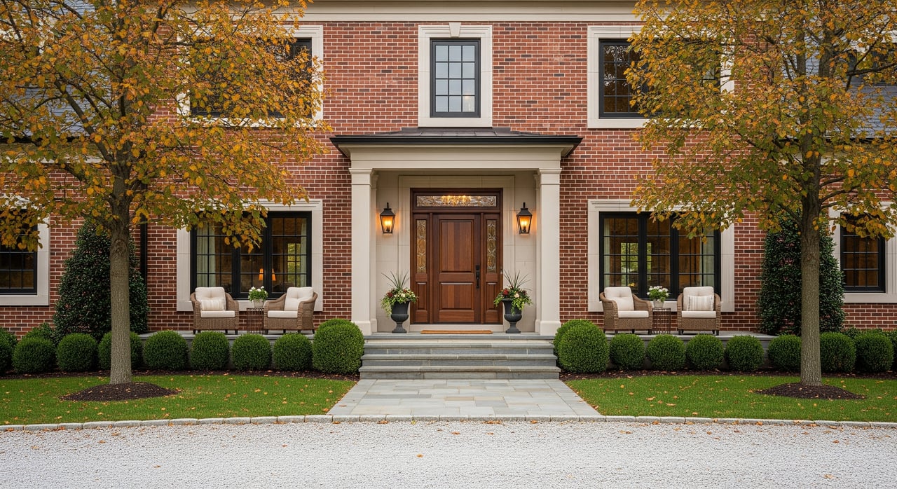 Red-brick house entrance with a wooden door, stone steps, flanking chairs, and autumn trees.