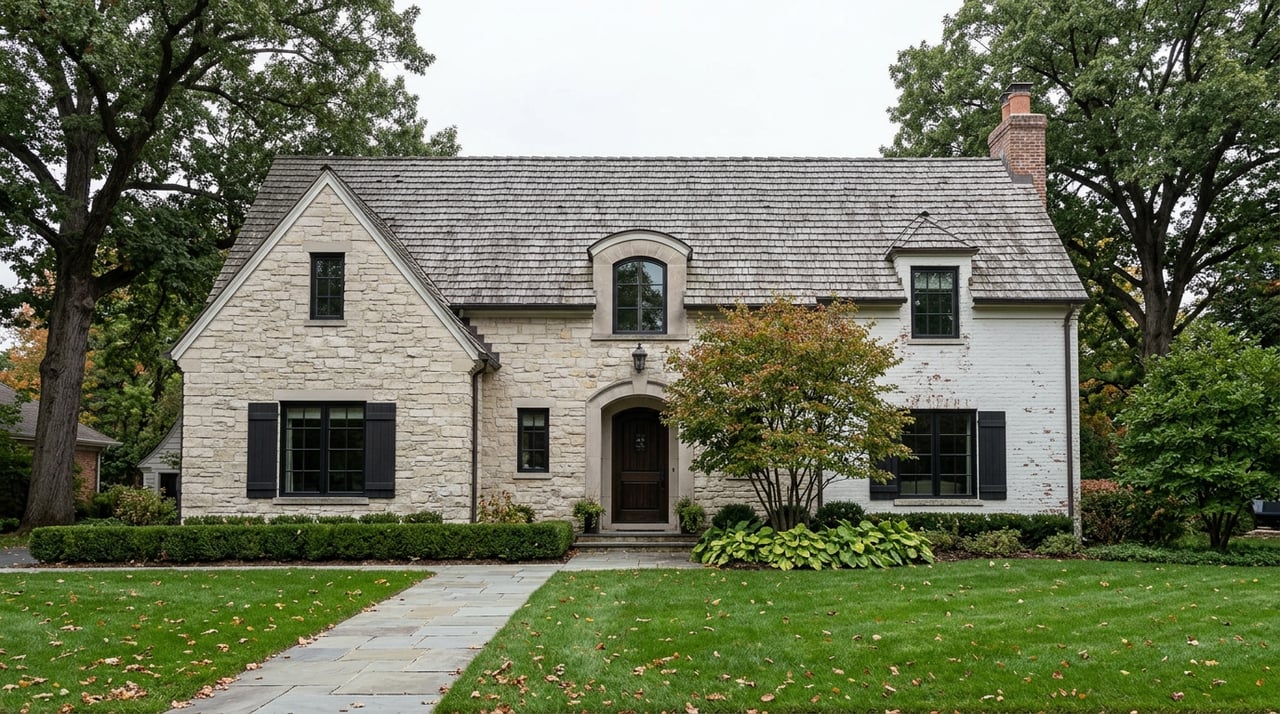 Two-story stone-and-brick house with an arched entry, reached by a flagstone walk across a lawn framed by mature trees.