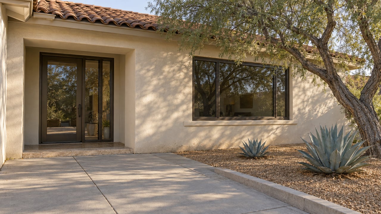 Pale stucco home with a recessed glazed entry, terracotta roof tiles, and an ironwood tree beside a concrete approach.