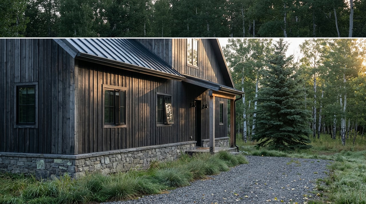 Mountain-modern home with charcoal cedar siding, fieldstone foundation, gravel path, and spruce framed by aspens.