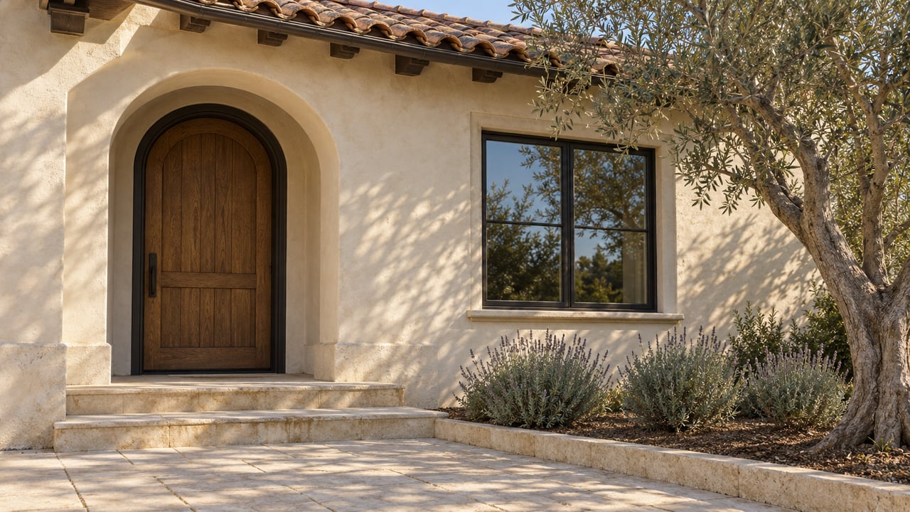 Ivory stucco home entrance with a weathered clay tile roof, oak door, limestone steps, and an olive tree beside lavender.