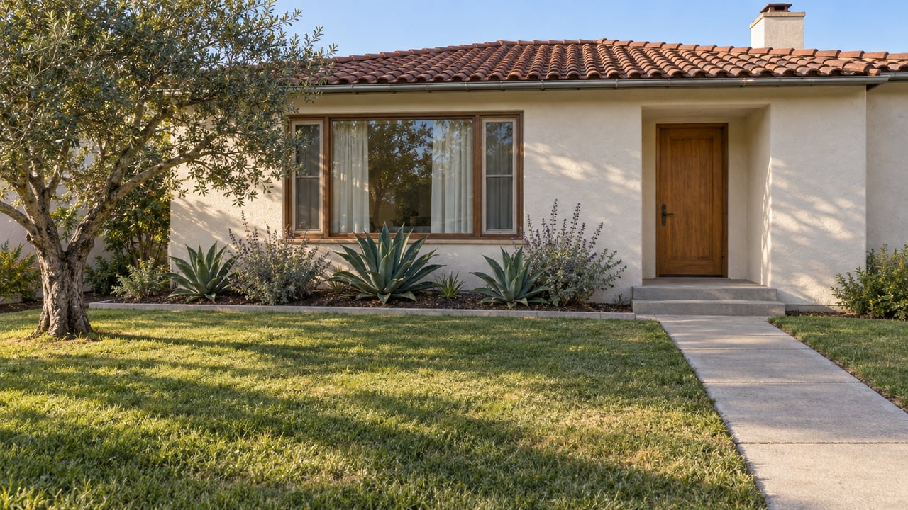 Sunlit stucco bungalow with a clay tile roof, timber front door, deep lawn and a sculptural olive tree.