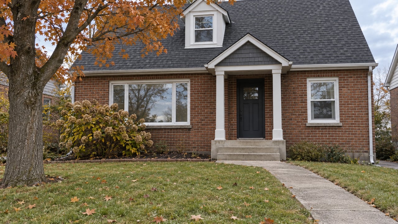 A modest brick house with a steep shingled roof, a small covered entrance and a copper-leaved sugar maple beside its autumn lawn.