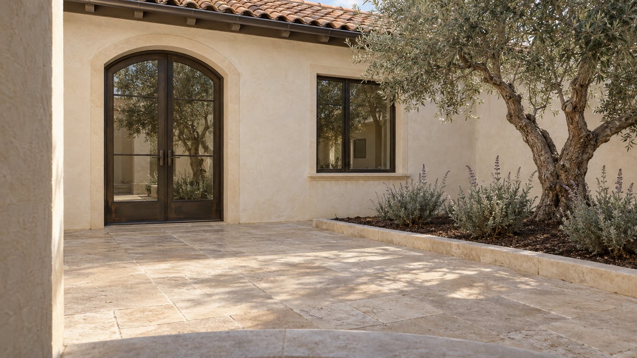 Sunlit stucco courtyard with an arched bronze-framed glass door, terracotta roof tiles, limestone paving and a mature olive tree in a raised planting bed.