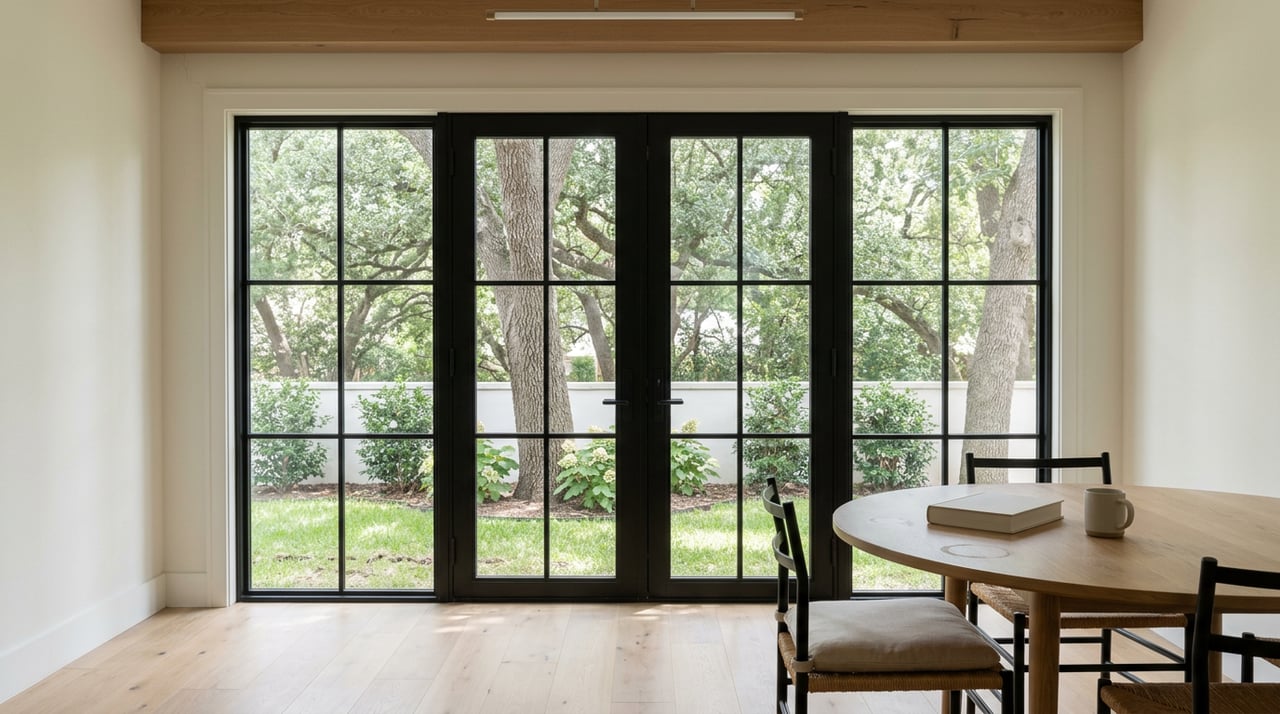 Round oak breakfast table and black-framed glass doors overlooking lawn, shrubs, and leafy trees.