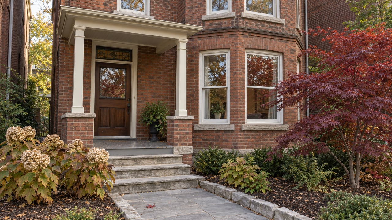 Russet-brick character home with a raised timber porch, glazed bay windows, limestone approach and autumn garden.