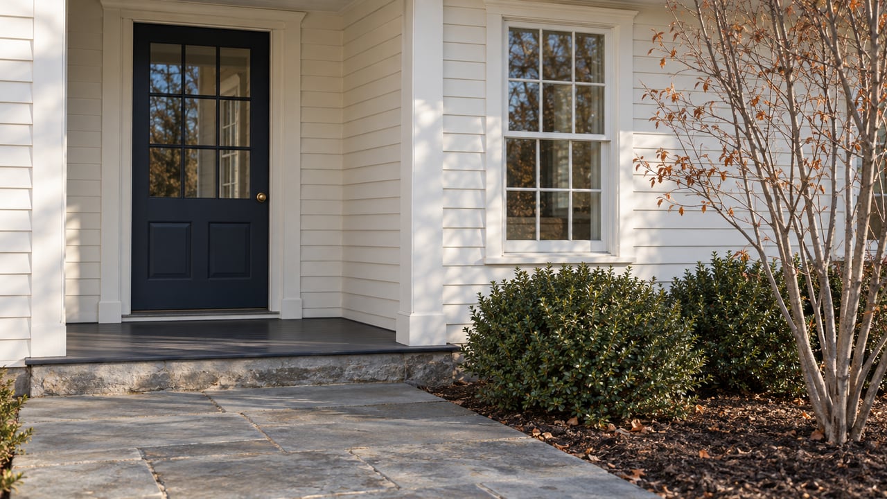 Colonial house entry with a navy glazed door, six-over-six window, bluestone walk, and sparse late-season planting.