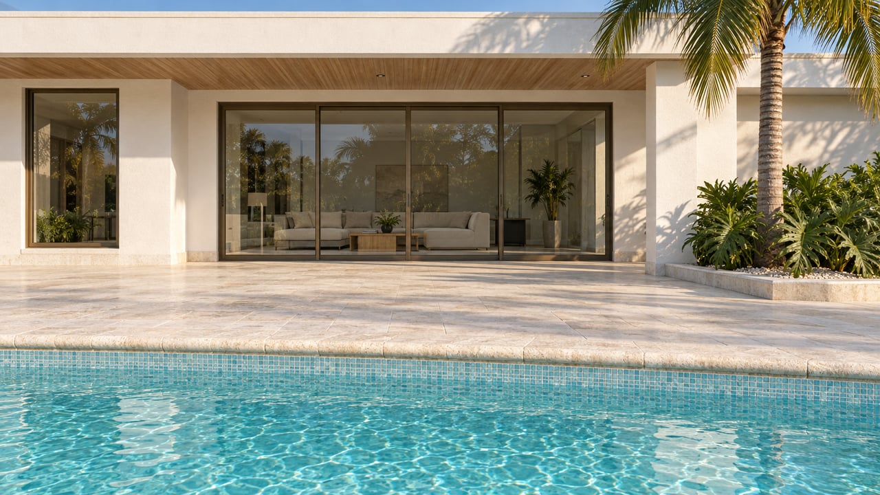 White stucco home with bronze-framed glass doors, a limestone pool terrace and a curved coconut palm in warm afternoon light.