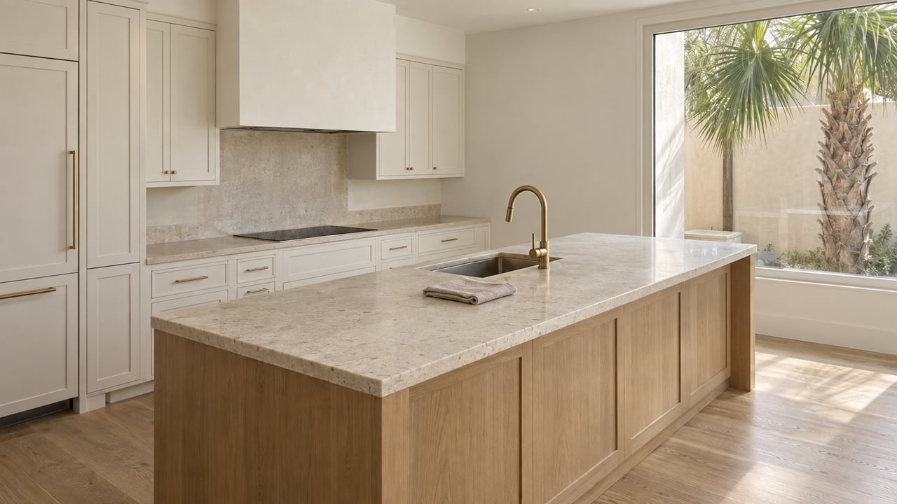 Coastal kitchen with a pale oak island, limestone counters, brass fixtures, and a palm visible through the window.