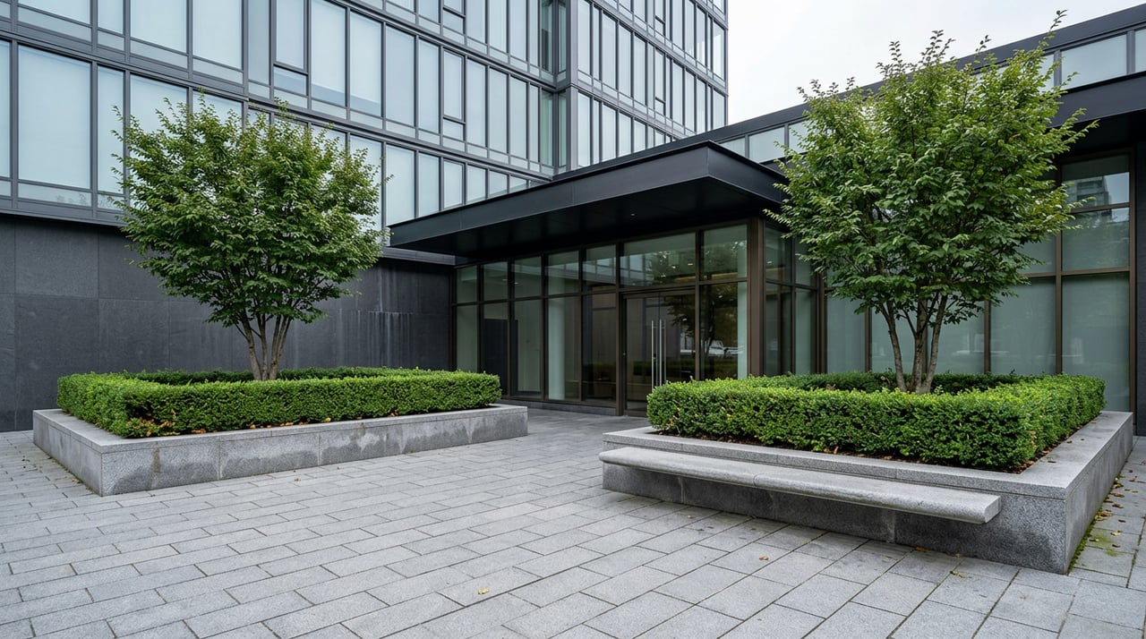 Granite-paved tower forecourt with glass lobby, steel canopy, bench, and paired trees in raised planters.