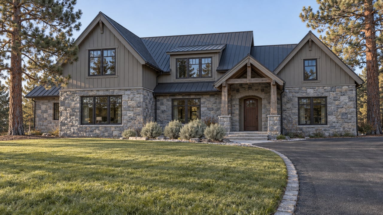 A gabled granite-and-timber home behind a deep autumn lawn, with mature pines and a curved driveway.