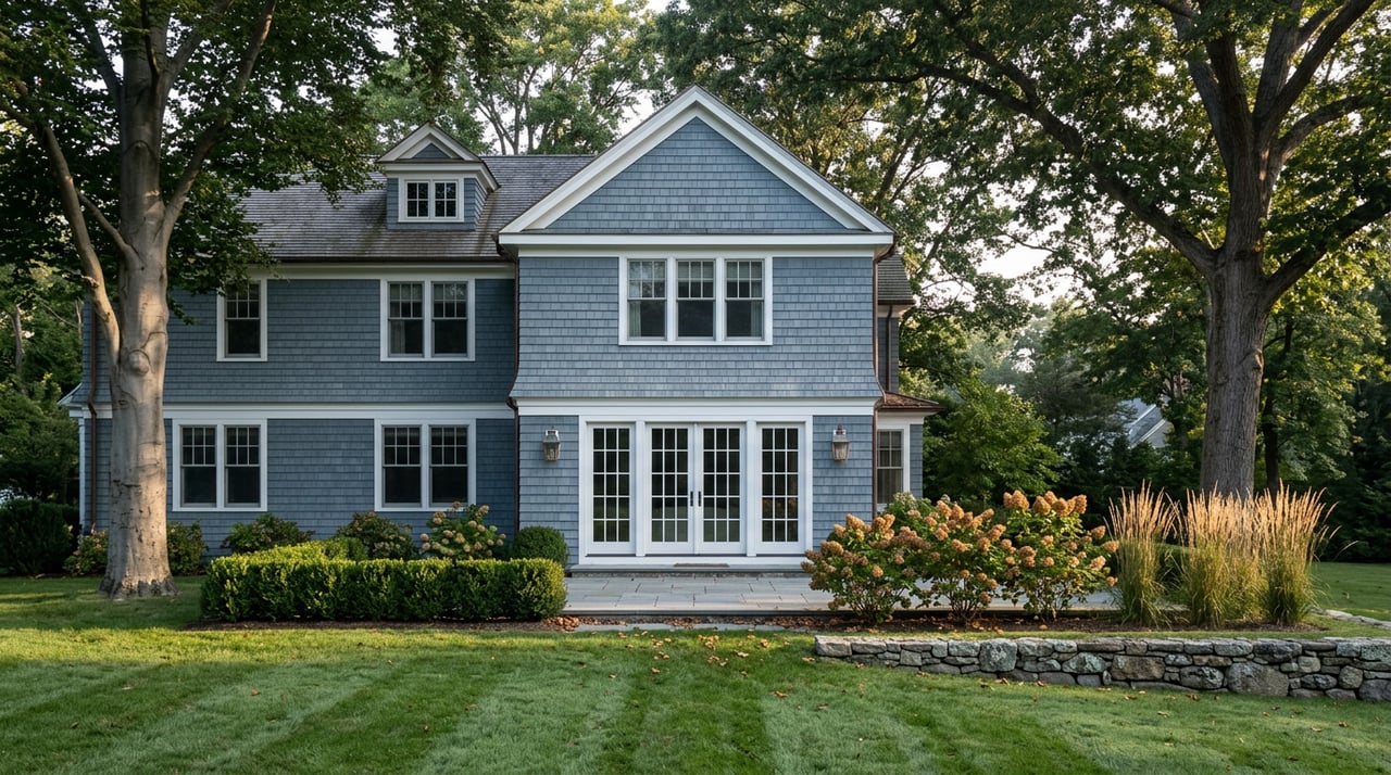 Shingle-style home's rear facade with bluestone terrace, low stone wall, and mature trees.