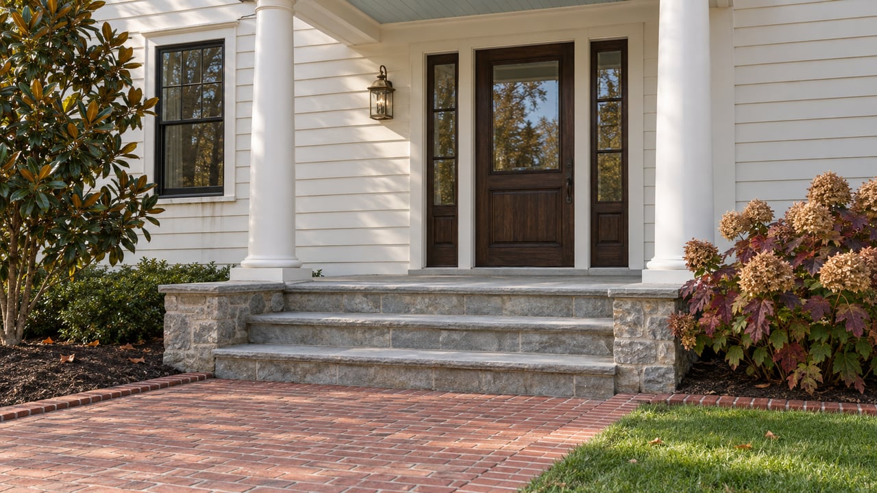 Morning light across limestone porch steps, a dark oak entry door, white lap siding and burgundy oakleaf hydrangeas.