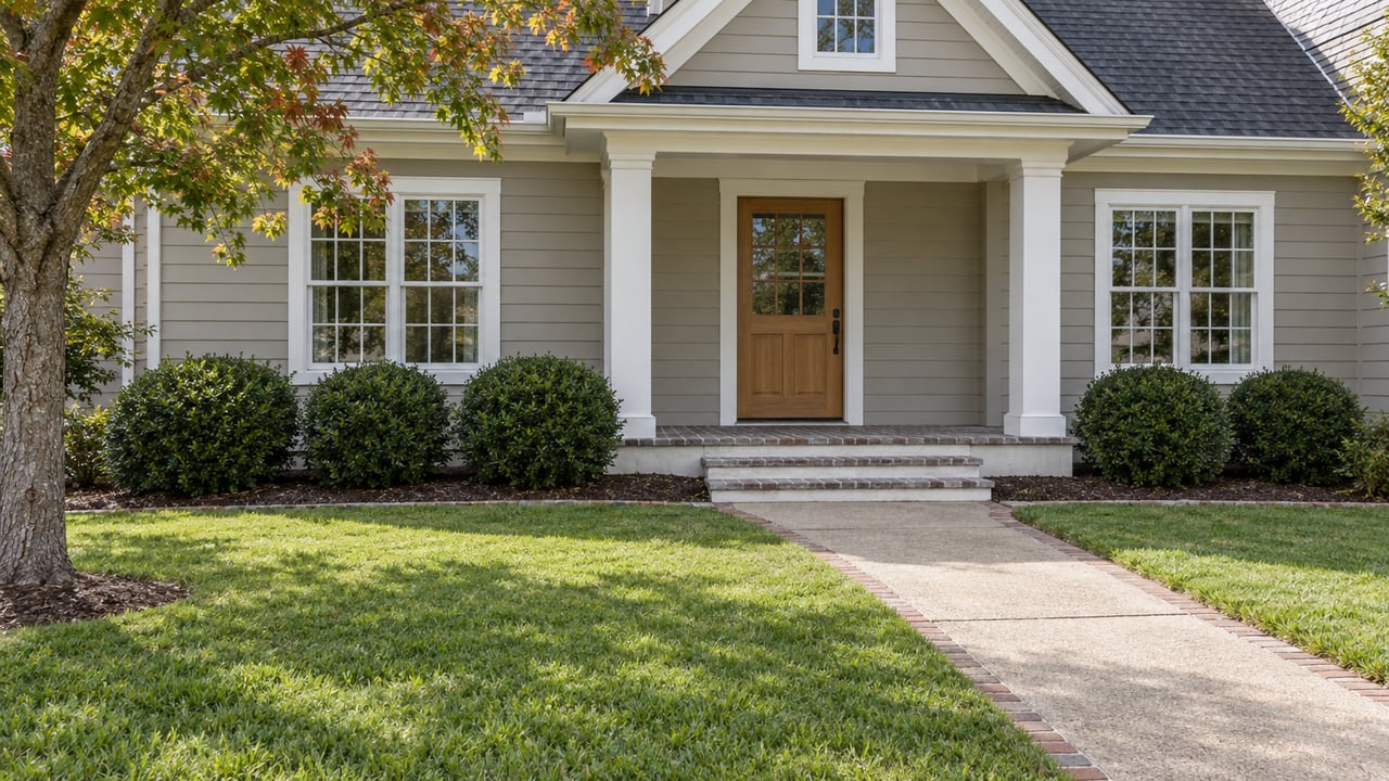 Greige gabled home with white trim, an oak entry door, brick porch steps and a concrete approach through a mature landscaped lawn.