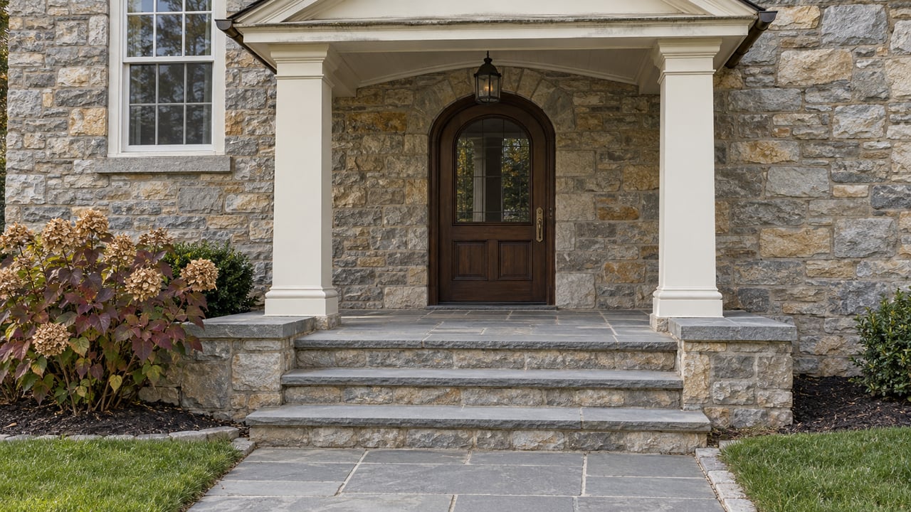 Stone house entry with paired cream-painted columns, an arched oak door, worn bluestone steps and burgundy oakleaf hydrangea.