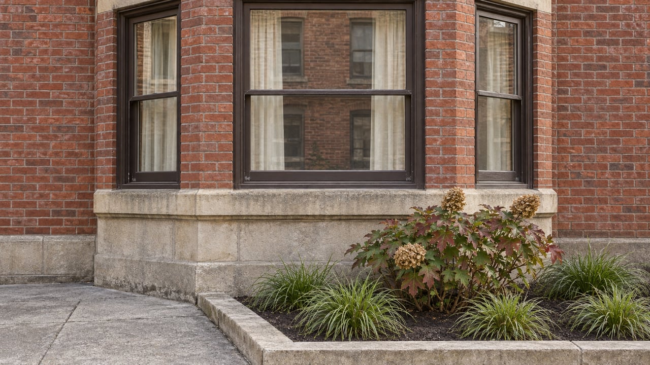 Red brick building facade with dark-framed windows and a stone-edged planting bed.