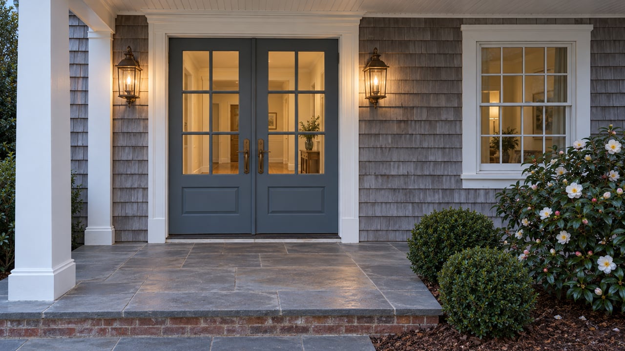 Warm lanterns illuminate paired glazed doors on a gray cedar-shingle porch above a bluestone floor and planted brick edge.