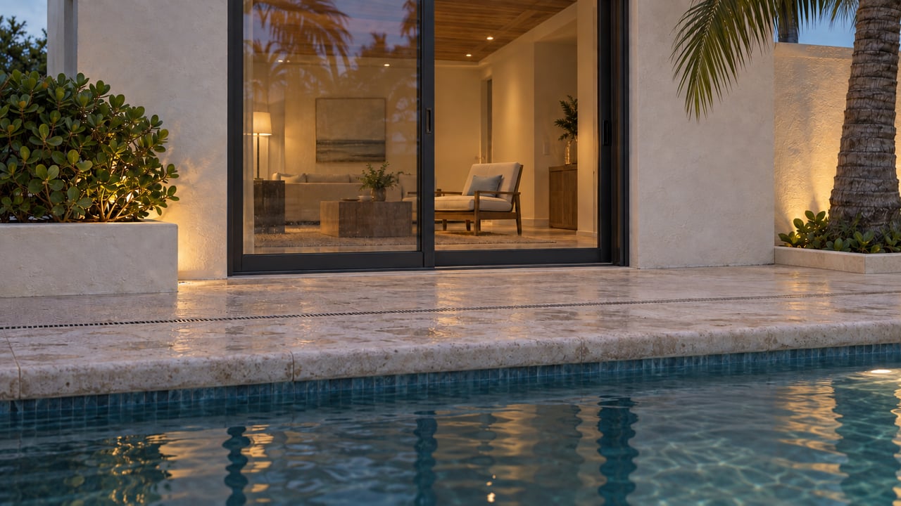 Poolside terrace with a palm bed bordered by limestone, blue-tiled pool, and closed glass doors.