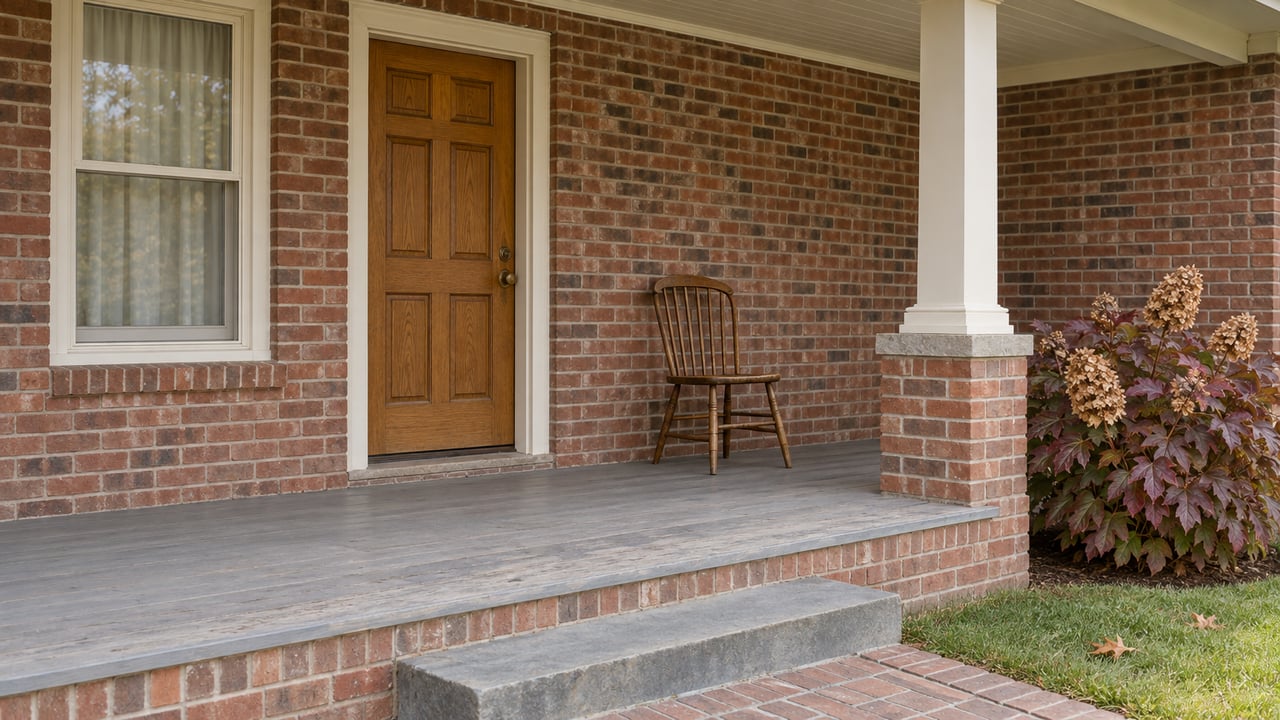 Covered brick entry with an aged oak door, gray painted porch floor and oakleaf hydrangea showing burgundy autumn leaves.