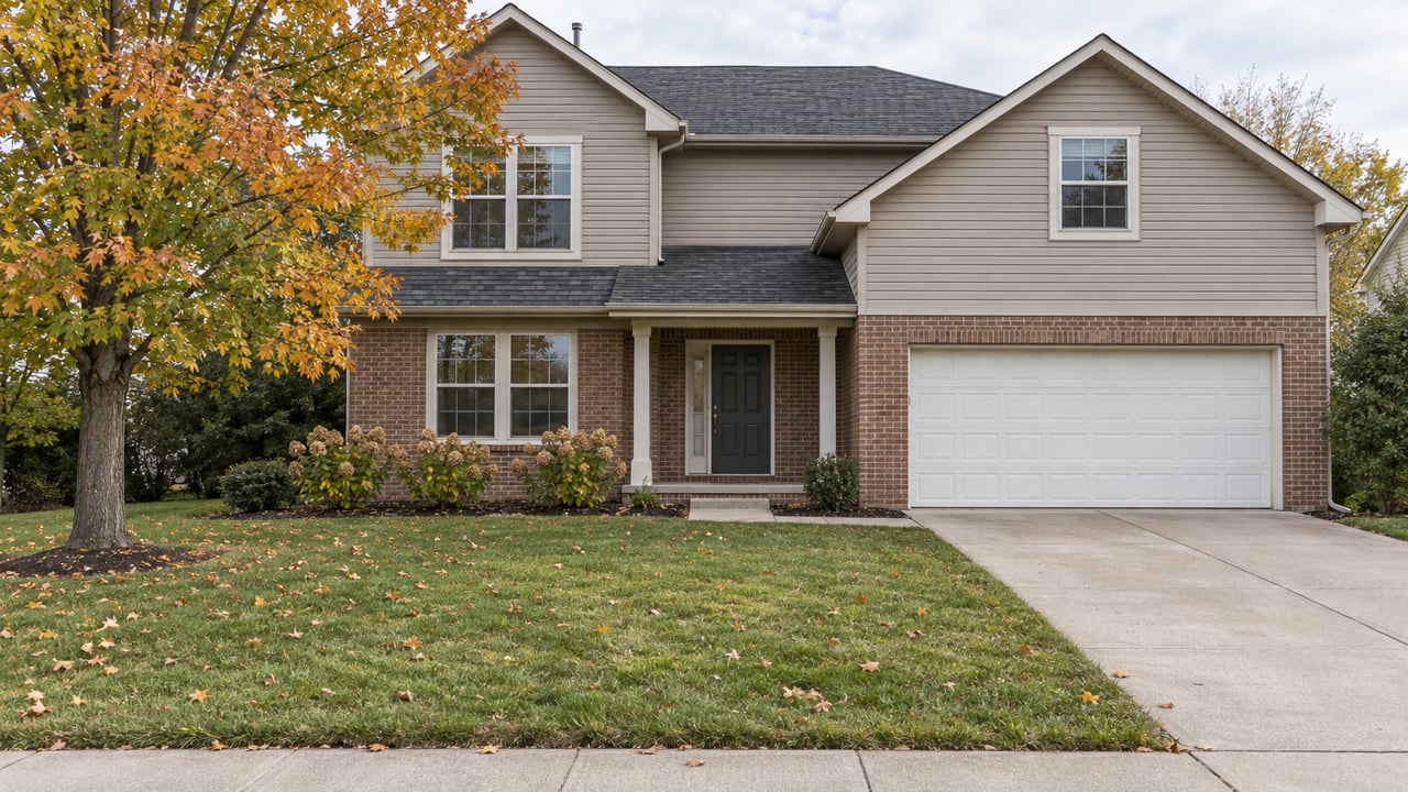 Two-story taupe-sided and brick home with a deep front lawn, autumn sugar maple, and attached two-car garage.