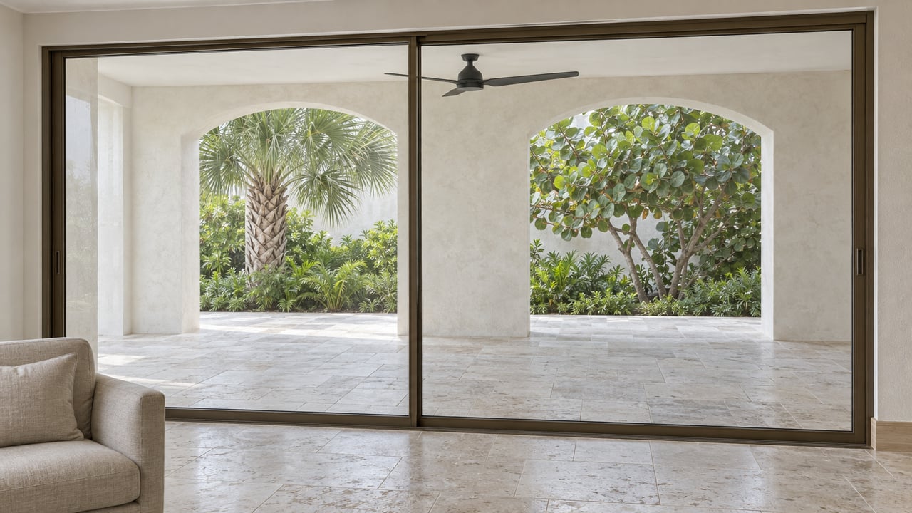 Closed bronze-framed glass wall overlooking a covered stone lanai with arched stucco openings and tropical trees.
