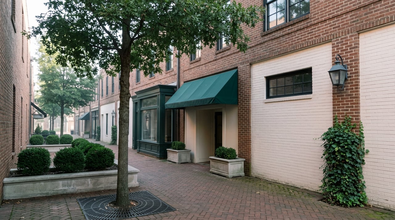 Brick-paved pedestrian corridor with three storefronts beneath a leafy tree canopy.
