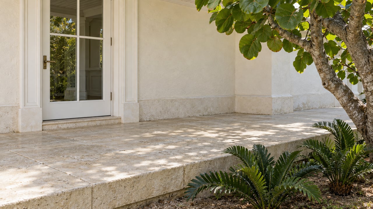 Cream masonry estate entrance with a white glazed door, weathered limestone veranda and sculptural sea grape planting.