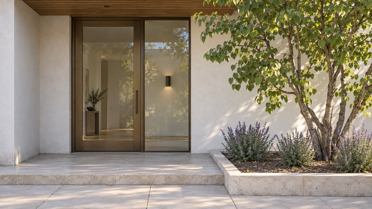 Contemporary home entrance with bronze-framed glazing, pale limestone steps, and a sculptural redbud in a raised planting bed.