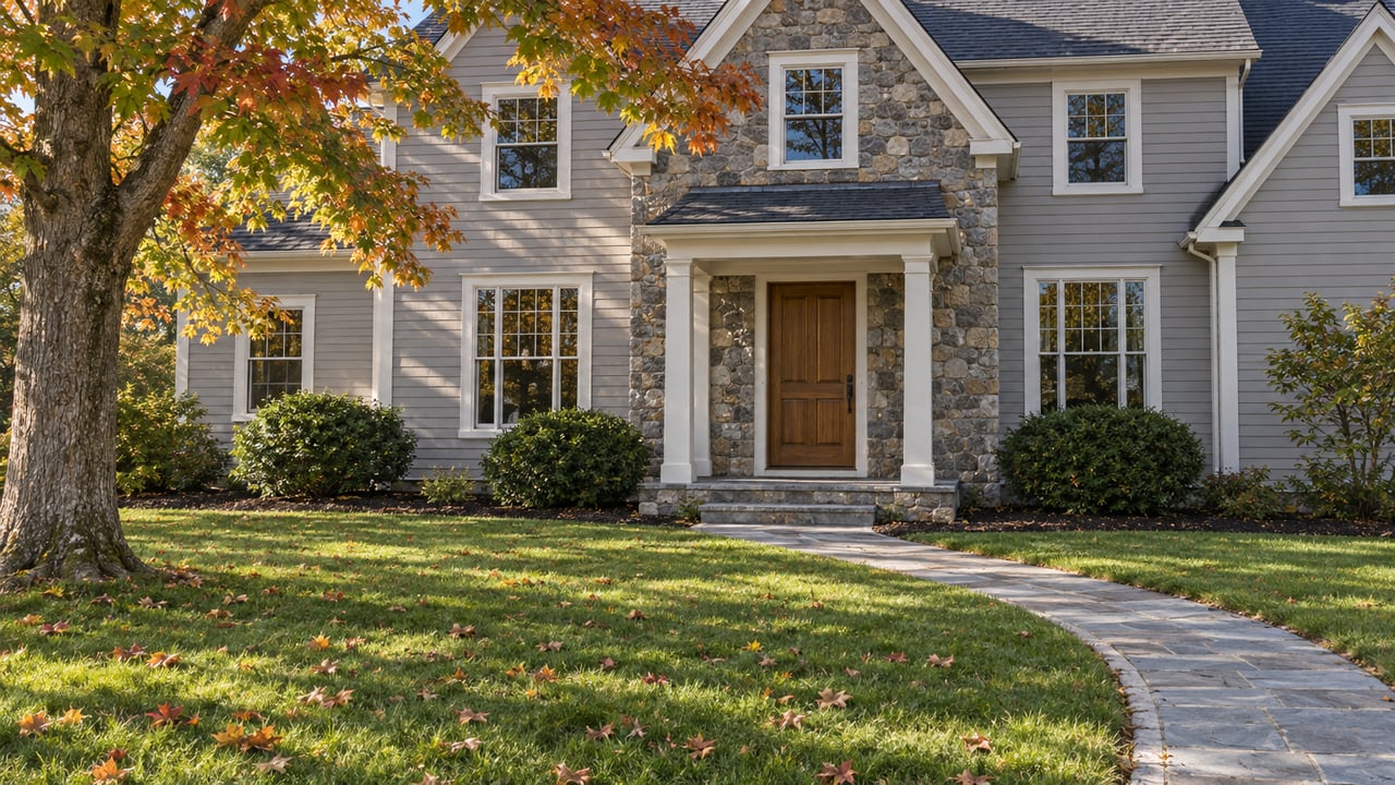 Autumn lawn and curved flagstone walk leading to a stone entry on a gray clapboard house beneath an amber-leaved maple.