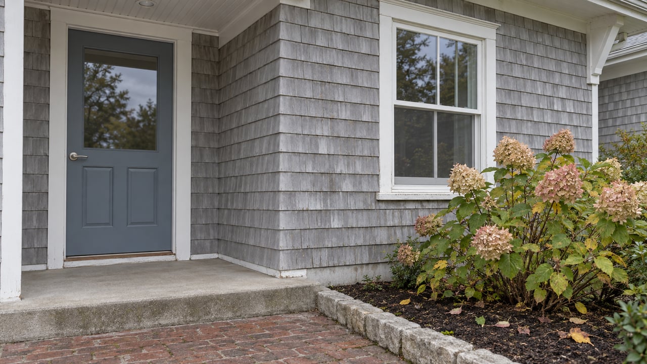 Gray shingled cottage entry with white trim, a brick approach, and faded pink hydrangea flowers in an autumn garden bed.