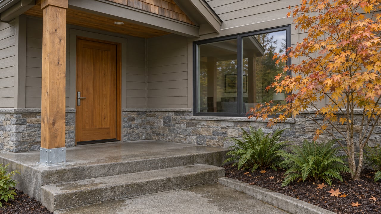 Covered home entrance with a fir door, gray wood siding, damp concrete steps and autumn vine maple above sword ferns.