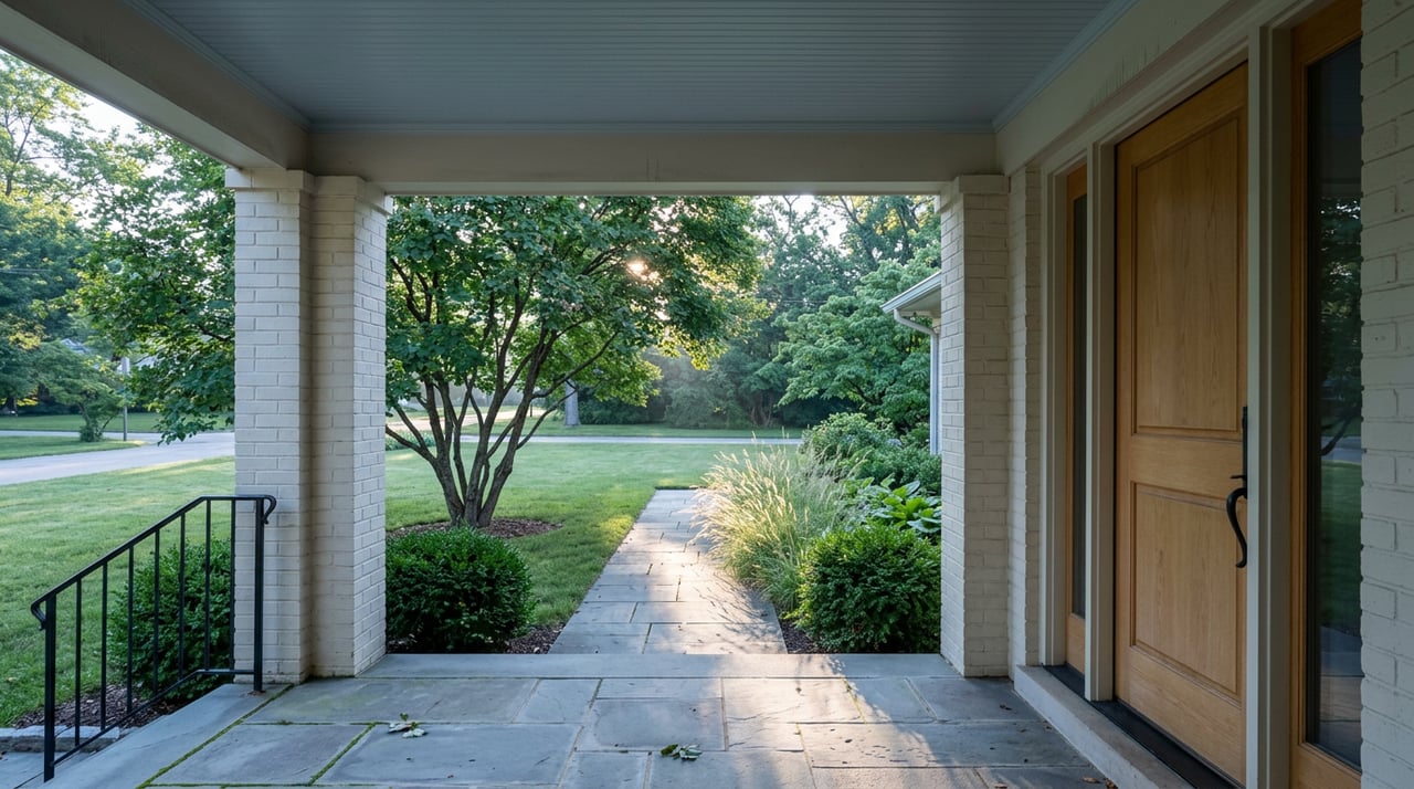 Covered porch frames an oak door and lawn, with a warm sunbeam crossing bluestone flooring.