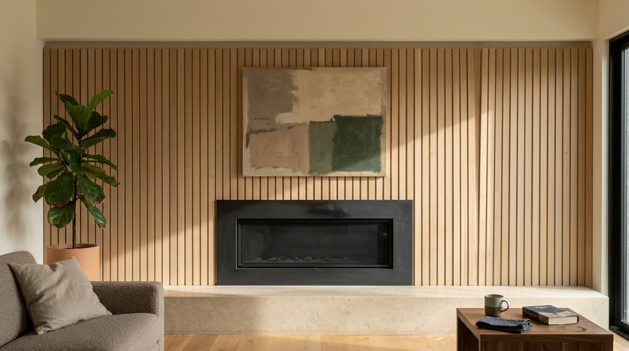 Oak-slat fireplace wall with an unlit linear firebox, abstract painting, and morning light catching dust.
