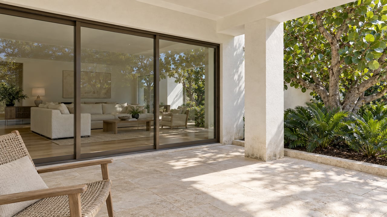 Sunlit limestone terrace with a teak lounge chair, bronze-framed living-room glazing and a sea grape tree beside a white stucco pier.