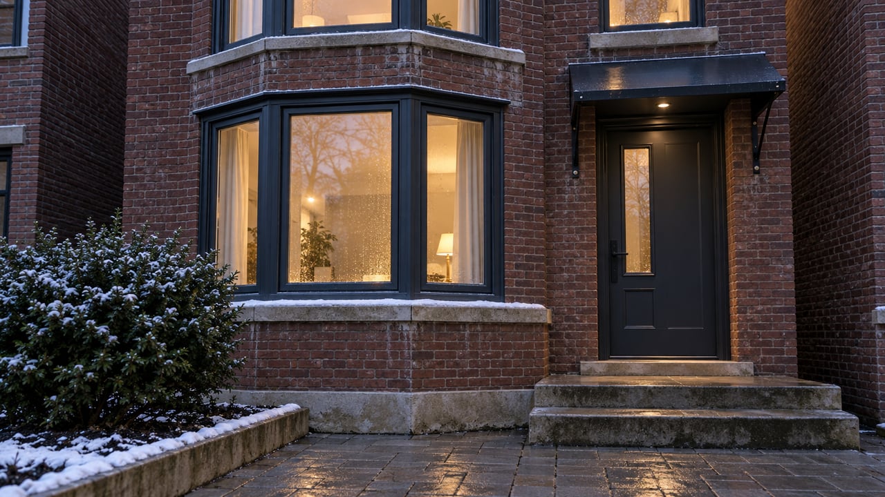 Brick home's bay windows and recessed entrance glow warmly above a cleared winter approach and snow-dusted planting bed.