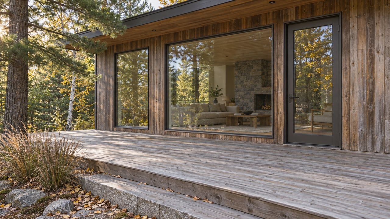 Cedar-clad lakehouse with closed glass doors, a broad deck, granite-edged planting bed, and pine branches overhead.