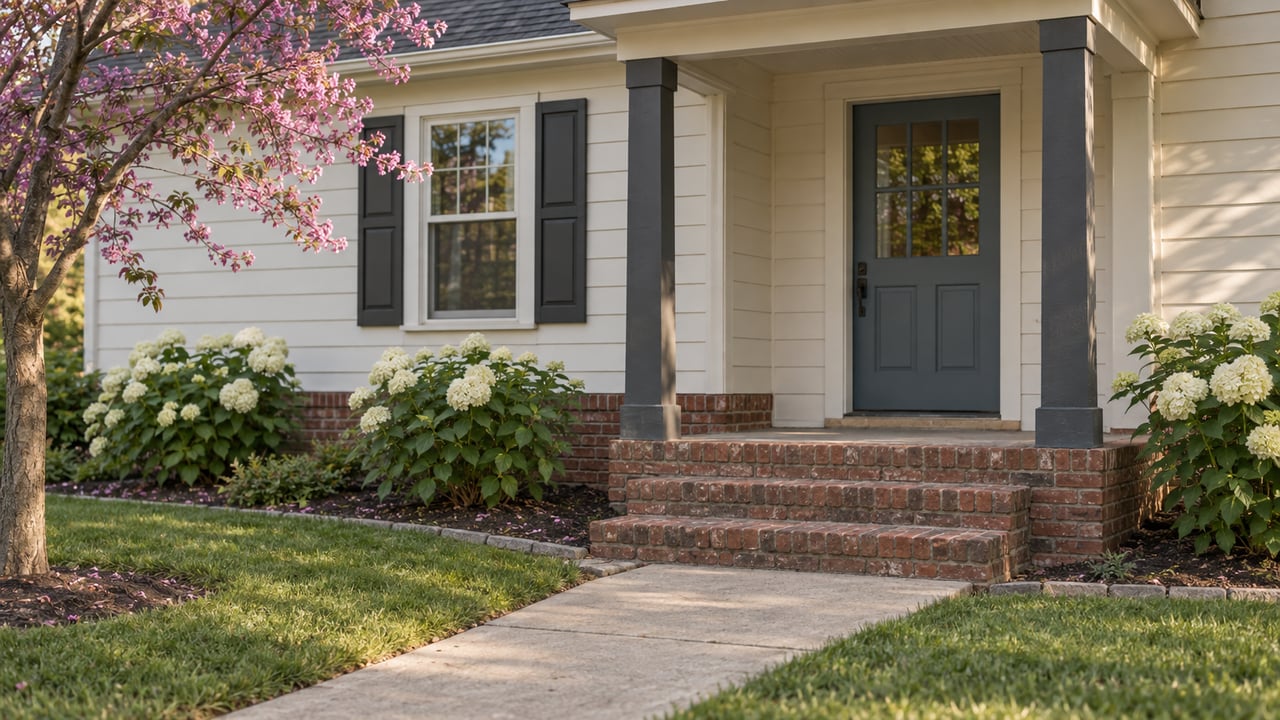 A muted blue-gray front door beneath a porch, with brick steps and a concrete walk beside lawn and hydrangeas.