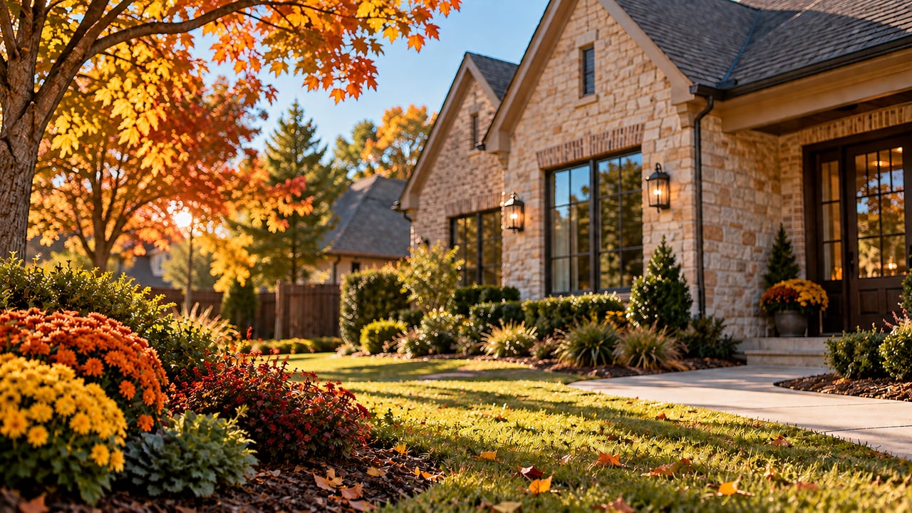 Stone-front home framed by autumn trees, colorful mums, and a landscaped walkway.